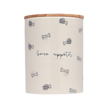 Pearhead Bone Apptit Ceramic Dog Treat Jar with Airtight Wooden Lid Cute Stylish Pet Treat Canister Keeps Dog Snacks Fresh Durable EasytoClean Design Kitchen Counter Dcor 4 Cup 32 oz