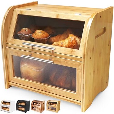 Apace Living Arise Stylish Bamboo Bread Box for Kitchen Countertop Extra Large 2Shelf Wooden Bread Storage Container with Clear Windows and Air Vents Keep Bread Bagels and Rolls Fresh Self Assembly
