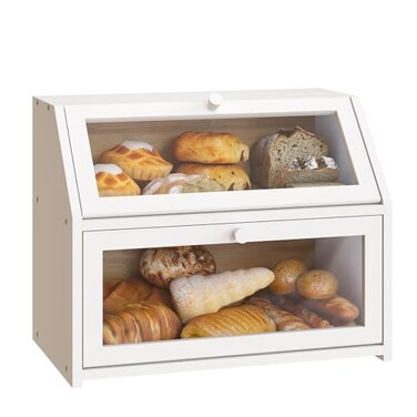 BMOSU Farmhouse Bread Box for Kitchen Countertop Bread box Double Layer Bamboo Wooden Extra Large Capacity Bin Kitchen Food Storage ContainerWhite