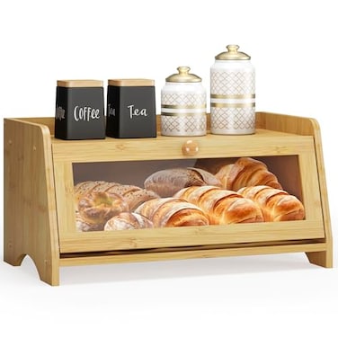 JANSNIMEN Bread Box for Kitchen Countertop Large Bread Container Storage Wooden Farmhouse Bread Box with Window Bread Holder Natural Bamboo