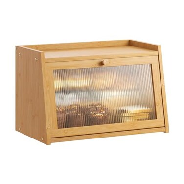 GHWIE Large Bread Box Easy Access Cleaning Bamboo Bread Box for Kitchen Countertop with Acrylic Door Natural Medium