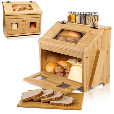 3J2 Discoveries Bread Box for Kitchen Countertop Large Wooden Bamboo Bread Box with Cutting Board SELFASSEMBLY