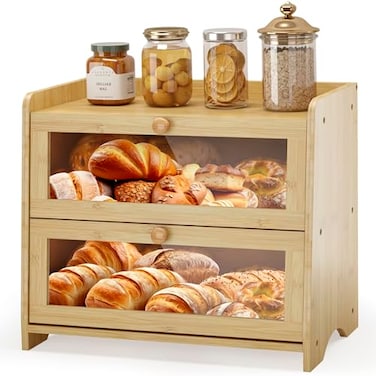 JANSNIMEN Double Layer Bread Box for Kitchen Countertop Large Breadbox Bread Container Storage with Acrylic Door Wooden Farmhouse Bread Holder Bamboo Medim157 L x 95 W x 13 H