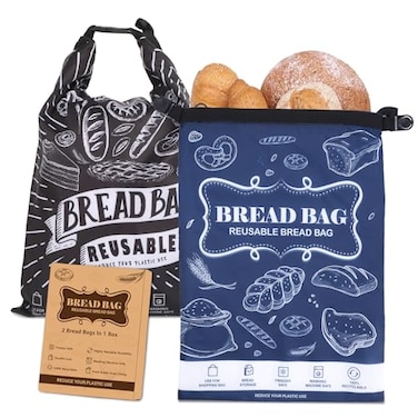 Seaury Kareen Bread Bag 2 Packs Reusable Sourdough Storage Bag With Zipper for Homemade Loaf Large Freezer Container Bread Box to Keep Bread Fresh Black L