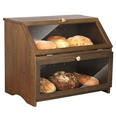 HOMEKOKO Double Layer Large Bread Box for Kitchen Counter Wooden Large Capacity Bread Storage Bin Brown