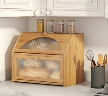 Vriccc Bread Box Bamboo Wood Bread Box for Kitchen Counter Doublelayer Bread Storage Bin Acrylic glass with Diamond Patterns Natural Large