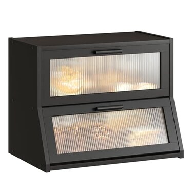 GHWIE Double Layer Bamboo Bread Box for Kitchen CounterLarge Capacity Bread Storage BinBread Container with Acrylic Wavy Door Panel Black Medium