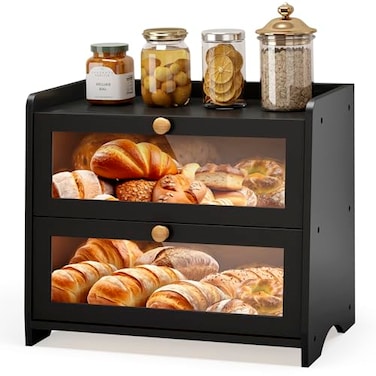 JANSNIMEN Double Layer Bread Box for Kitchen Countertop Large Breadbox Bread Container Storage with Acrylic Door Wooden Farmhouse Bread Holder Black Medim157 L x 95 W x 13 H