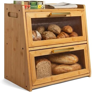 Gennua Kitchen Extra Large Bamboo Bread Box for Kitchen Countertop Wooden Double Layer Breadbox Provides Double the Storage Holds Multiple Loaves Durable Beautiful with Frosted Acrylic Panels