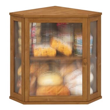viewcare Corner Bread Box for Kitchen Counter Bamboo Wood Large Capacity Bread Storage Bin with Acrylic Wavy Door Panel Brown Extra Large