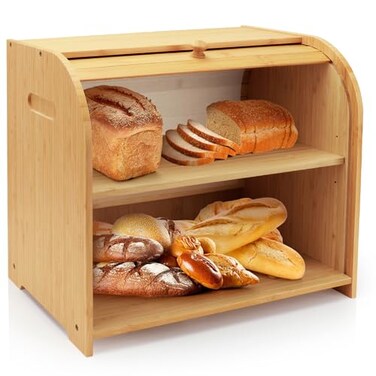 Thalomely Bread Box for Kitchen Countertop Double Layer Bamboo Bread Storage Container for Homemade Bread Roll Top Bread Box with 3 Adjustable Height for Kitchen Counter Natural Breadbox Organizer