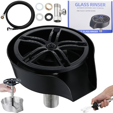 ZhiQToes Glass Rinser and Cup Washer for Sink 360 Rotating Spray Nozzle with PullOut Design Bottle Cleaner Tilted Base Prevents Splashing Kitchen Sink Accessories for Home Bar Easy InstallBlack