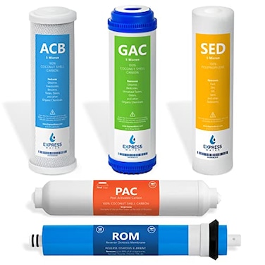 Express Water CSGIM5 6 Months Reverse Osmosis System Replacement Filter Set 5 Filters with 50 GPD RO Membrane Carbon GAC ACB PAC Filters Sediment SED Filters 10 inch Size Water Filters