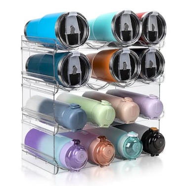 spospo Stackable Water Bottle Organizer Large Compartment Water Bottle Holder 4 Tier Clear Water Bottle Organizer for Cabinet Bottle Rack for Kitchen Organization and Storage Hold 16 Bottles