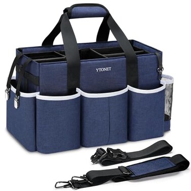 Ytonet Wearable Cleaning Caddy Bag Large Cleaning Supplies Organizer with 4 Foldable Dividers Kitchen Caddy Organizer with Handle Adjustable Shoulder Straps for Cleaners Housekeeper Blue