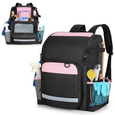 LoDrid Cleaning Bag with Thickened Adjustable Shoulder Straps Large Cleaning Caddy Organizer with Multiple Pockets for Cleaning and Housework Pink Patent Designed
