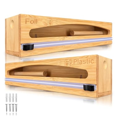 NovaNest Wrap Organizer Dispenser with Cutter 2 Piece Set Fits 12 Rolls Plastic Wrap Aluminum Foil Wax Paper Saran Wrap Cling Wrap Holder for Kitchen Storage Mountable Bamboo