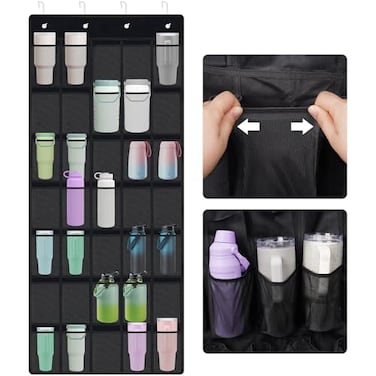 NiHome MultiFunctional 35 Pockets Door Hanging Organizer Fit for Stanley Tumbler in Kitchen Pantry Bedroom Bathroom Large Capacity Elastic Mesh Secure Storage Cup Holder Foldable for Home and RV