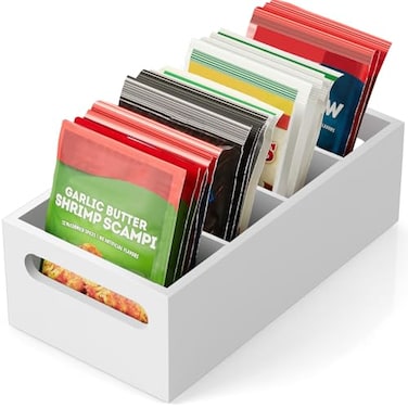 DRASTAR Pantry Organization and Storage Bins Seasoning Packet Organizer with Removable DividersWooden Storage Caddy for Kitchen Pantry Cabinet Countertop White