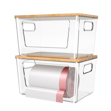 spospo 2 Pack Trash Bag Holder with Bamboo Lid Stackable Trashbag Dispenser Extra Large Garbage Bag Holder for Kitchen Laundry Room Under Sink Organization and Storage