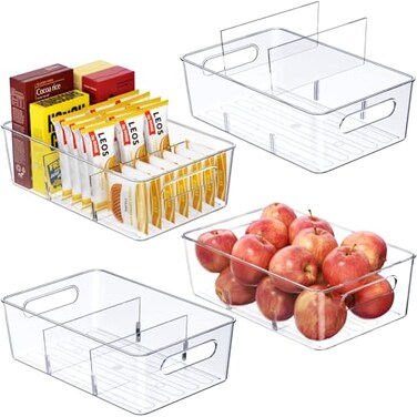 Mpotmiy 4 Pack Clear Pantry Organizers and Storage Bins with Divider Transparent Plastic Basket Refrigerator and Fridge Bins