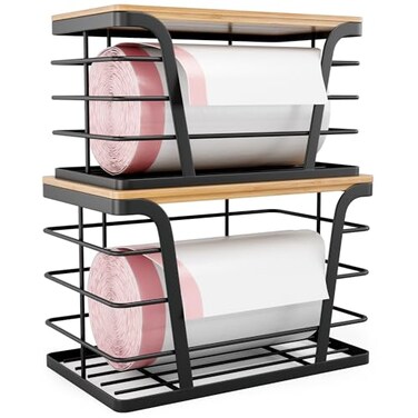 TIDIIABODE 2 Pack Stackable Storage Laundry Kitchen Organizers Wall Mount Trash Bag Holder with Bamboo Top and Garbage Bag Dispenser No Drill