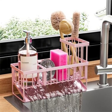 Cisily Pink Kitchen Sink Caddy Organzier with High Brush Holder Sponge Holder for Sink 304 Rustproof Stainless Kitchen Countertop Soap Dispenser Organizer