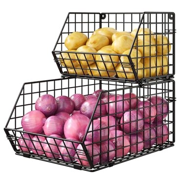 X-cosrack 2Tier Stackable Wire Baskets for Counter Potato and Onion Storage Bin Fruit and Vegetable Storage Bins with Ventilated MeshKitchen Pantry Organizer Wall Basket for ProduceSnackCan Black