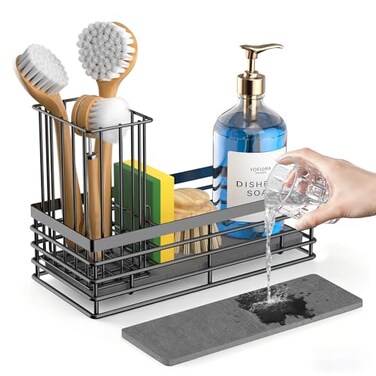 Yofidra Sponge Holder for Kitchen Sink Sink Caddy Organizer with Stone Drying Mat Kitchen Countertop Organizers and Storage Essentials 304 Stainless Steel Black 93