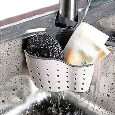 Elegantcharm EC ELEGANTCHARM Kitchen Sink Caddy Sponge Holder Silicone Plastic Soap Holder Hanging Ajustable Strap Faucet Caddy with Drain Holes for Drying