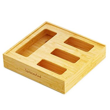 SpaceAid Bag Storage Organizer for Kitchen Drawer Bamboo Organizer Compatible with Gallon Quart Sandwich and Snack Variety Size Bag 1 Box 4 Slots Natural 2 High
