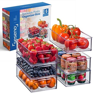 Seseno Set Of 6 Refrigerator Organizer Bins Stackable Fridge Organizers with Cutout Handles for Freezer Kitchen Countertops Cabinets Clear Plastic Pantry Food Storage Rack