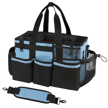 SCAVATA Wearable Cleaning Caddy Cleaning Caddy Supplies Organizer with Handle Shoulder Straps for Housekeepers Under Sink Car Cleaning Tool Organizers Bag with 4 Foldable Divider Blue