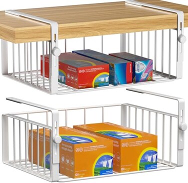 AmonHouseware 2Pack Under Shelf Basket OrganizerAdjustable Hanging Holder Storage for Cabinet Pantry Kitchen Cupboard Desk Counter Bookshelf Organization Addon Space Saver Heavy Duty SlideinWhite