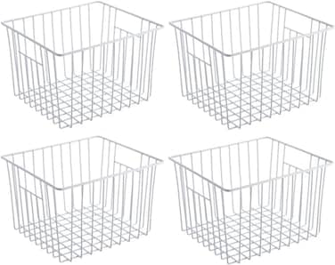 SANNO Freezer Wire Storage Organizer Basket Refrigerator Storage Baskets Bins Organizer with Builtin Handles for Cabinets Pantry Closets Bedrooms 4 Pack 11x10x 7 White