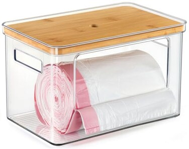 Hudgan Stackable Storage with Bamboo Top for Laundry Room Organization Extra Large Trash BagGarbage Bag Dispenser Under Sink Organizer Pantry Organizers