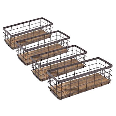 TIEYIPIN Small Metal Wire Storage Basket Detachable Wood Base Storage Organizer Bin Basket for Kitchen Cabinets Bathroom Pantry Garage Laundry Room Brown 4 Pack