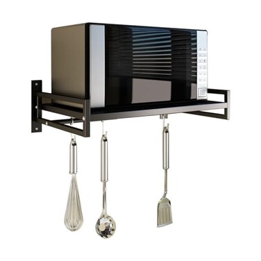 ABCOOL Wall Mount Microwave Oven Shelf Rack for Kitchen Home Black Carbon Steel Counter Countertop Holder with Hook Rail and 3 Slidable Hooks