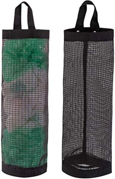 LINEVI Bag Holder for Plastic Bags 2 Pcs Polyester Grocery Bag Holder Plastic Dispenser Foldable Breathable Washable Hanging Mesh Garbage Bag Organizer for Kitchen Plastic Bag Storage Black