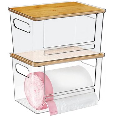 Ginnerella Trash Bag Dispenser 2 Pack Under Sink Organizer Plastic Bag Holder Stackable Acrylic Garbage Bag Storage with Bamboo Lid for Kitchen Cabinet 133033 Gallon Grocery Bag Dispenser