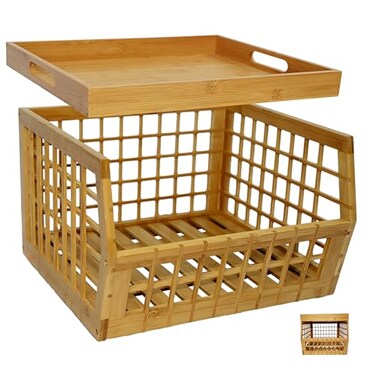 altCooking Hub Bamboo Storage Bin Multipurpose Stackable Open Front Storage Bin with Bamboo Serving Tray Lid for Kitchen Pantry Stylish Lattice Design
