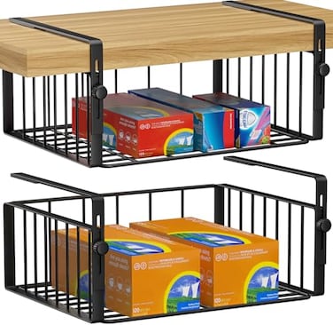 AmonHouseware 2Pack Under Shelf Basket OrganizerAdjustable Hanging Holder Storage for Cabinet Pantry Kitchen Cupboard Desk Counter Bookshelf Organization Addon Space Saver Heavy Duty SlideinBlack