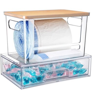 YAFFWA 2Pcs Trash Bag Holder Under Sink Stackable Storage Extra Large Laundry Room Organization and Storage Laundry Pod Organization with Lid Garbage Bag Dispenser Roll Holder for Kitchen Cabinet