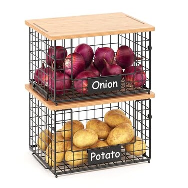 keomaisyto 2 Set XL Stackable Wire Baskets with Bamboo Top Pantry Organizers and Storage Kitchen Organization Counter Storage Bins for PotatoOnionFruitVegetableProduce Under Sink Organizing
