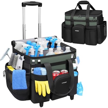 Ytonet Cleaning Caddy with Wheels Extra Large Rolling Cleaning Caddy Bag with Detachable Trolley for Housekeepers Water Resistant Cleaner Supplies Organizer with Wheels for Kitchen Tool Organizer