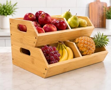 Sholramo 2Pack Stackable Vegetable Storage Bins Kitchen and Pantry Organizers and Storage Baskets for Fruit Vegetable Produce Bread Potato Onion and Snacks Bamboo Kitchen Storage Containers