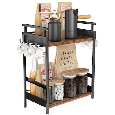 KLM 2 Tier Coffee Bar Organizer for Home Office Spice Rack for Countertop Kitchen Counter Storage Shelf with Hanging Basket Coffee and Tea Condiment Station Organizer