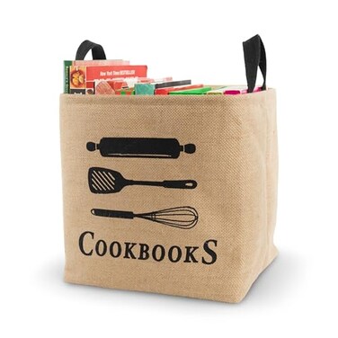 Made Easy Kit Cookbook Organizer Storage Burlap Bin Sturdy Thick Soft Handles for Easy Use Recipe Books Reading Material Basket Bag Holder for Tabletop Shelf Closet Floor Tan