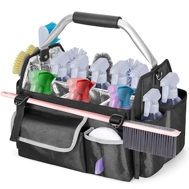 HODRANT Wearable Cleaning Caddy Organizer Cleaning Supplies Bag with Divider Support Pad Cleaner Tote with Handle Detachable Shoulder Strap Housekeeping Storage Box with Multi Pockets Bag Only
