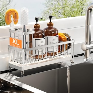 Cisily Sponge Holder for Kitchen Sink Sink Caddy Organizer with High Brush Holder Kitchen Countertop Organizers and Storage Essentials Rustproof 304 Stainless Steel Silver 1062